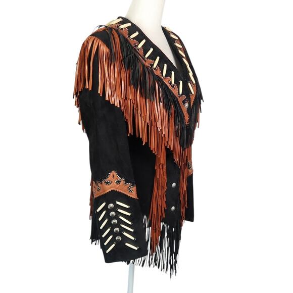 Vintage 90s Diamond Leathers Black Leather Fringe Western Biker Jacket 8 - Picture 3 of 8